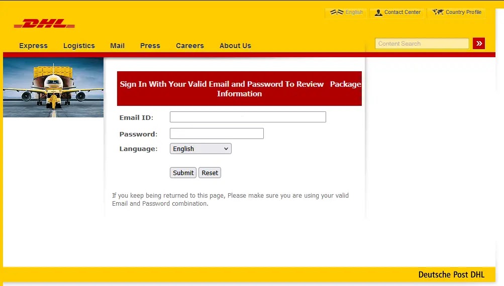 Φόρμα phishing που μιμείται τον ιστότοπο της DHL (Πηγή - Securelist)